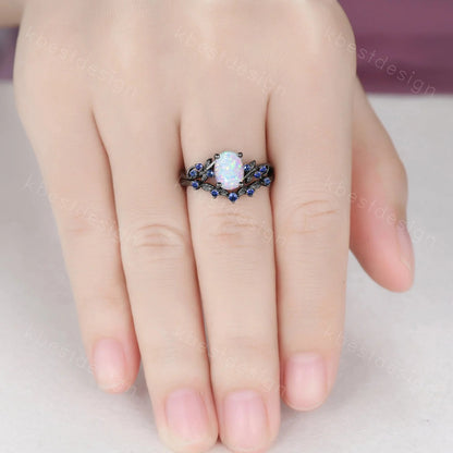 Vintage oval opal engagement ring set black gold rings unique opal blue sapphire wedding ring art deco branch leaf ring promise ring set