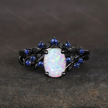 Vintage oval opal engagement ring set black gold rings unique opal blue sapphire wedding ring art deco branch leaf ring promise ring set