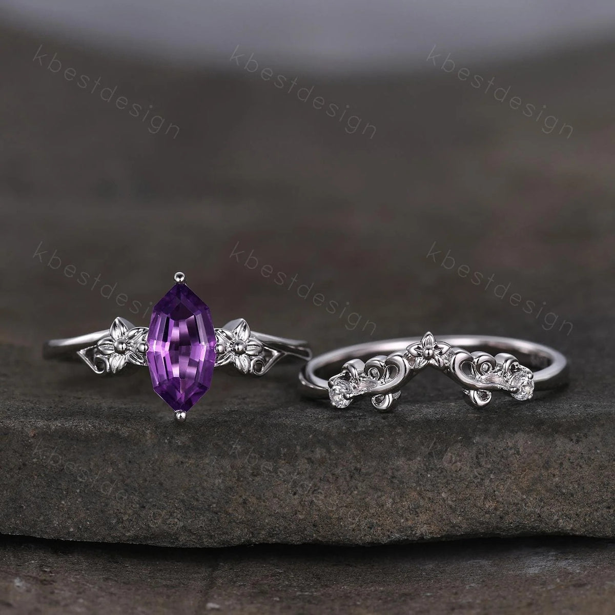 Antique Amethyst Engagement Ring Floral Hexagon cut Amethyst Bridal Set Unique Curved Moissanite Wedding Ring Anniversary Promise Gift