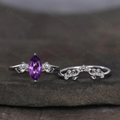 Antique Amethyst Engagement Ring Floral Hexagon cut Amethyst Bridal Set Unique Curved Moissanite Wedding Ring Anniversary Promise Gift