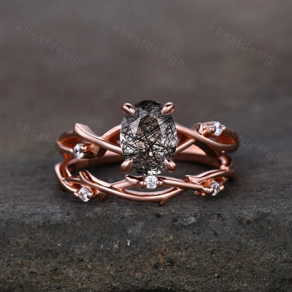 Vintage black rutilated quartz engagement ring 14k rose gold oval cut ring art deco twig leaf stacking band unique bridal wedding ring set