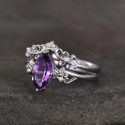 Antique Amethyst Engagement Ring Floral Hexagon cut Amethyst Bridal Set Unique Curved Moissanite Wedding Ring Anniversary Promise Gift
