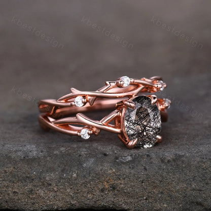 Vintage black rutilated quartz engagement ring 14k rose gold oval cut ring art deco twig leaf stacking band unique bridal wedding ring set