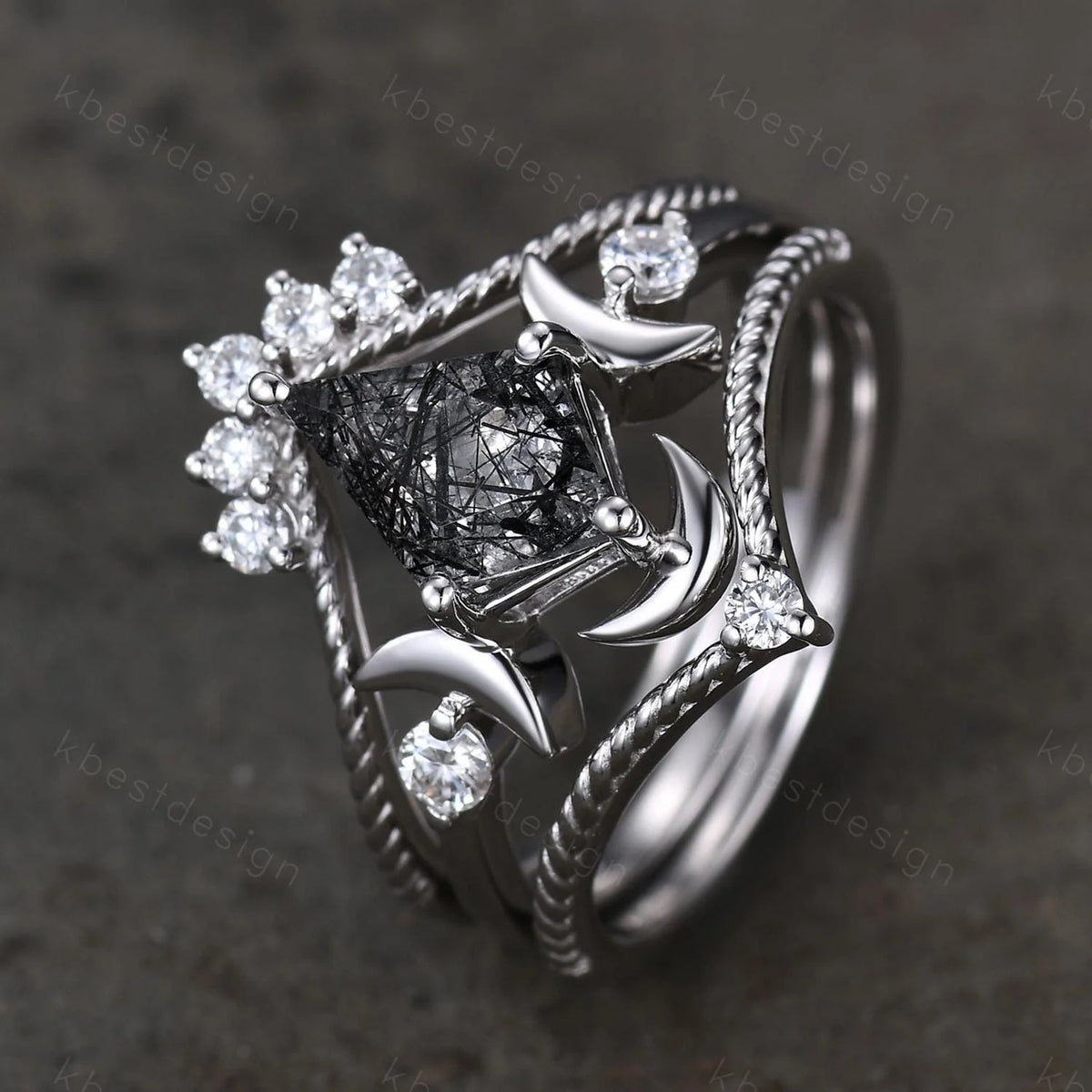 3PCS black rutilated quartz engagement ring set unique moon goddess ring art deco curved mopissanite stacking bridal promise wedding set