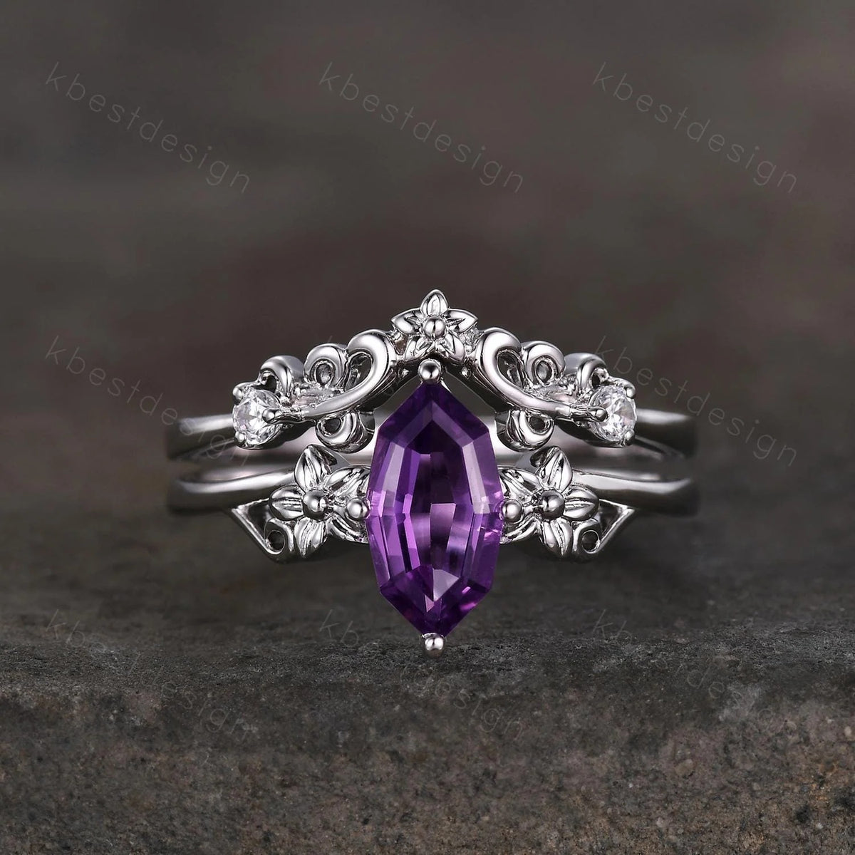 Antique Amethyst Engagement Ring Floral Hexagon cut Amethyst Bridal Set Unique Curved Moissanite Wedding Ring Anniversary Promise Gift