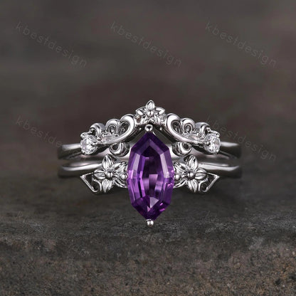 Antique Amethyst Engagement Ring Floral Hexagon cut Amethyst Bridal Set Unique Curved Moissanite Wedding Ring Anniversary Promise Gift