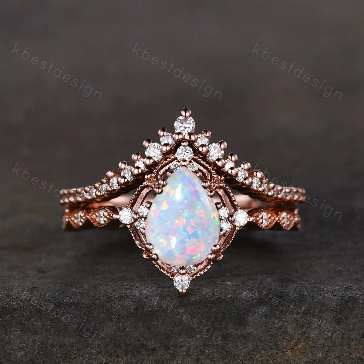 Pear shaped Opal engagement ring set rose gold opal ring vintage moissanite wedding ring October birthstone ring unique bridal wedding set