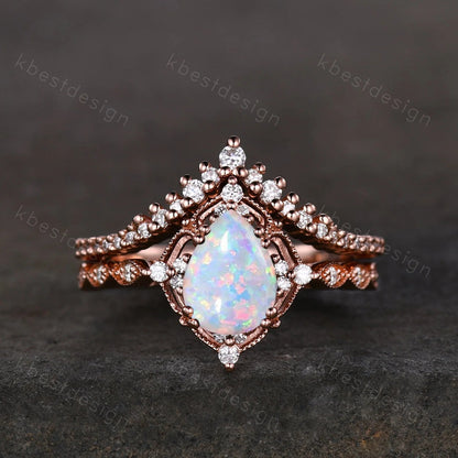 Pear shaped Opal engagement ring set rose gold opal ring vintage moissanite wedding ring October birthstone ring unique bridal wedding set