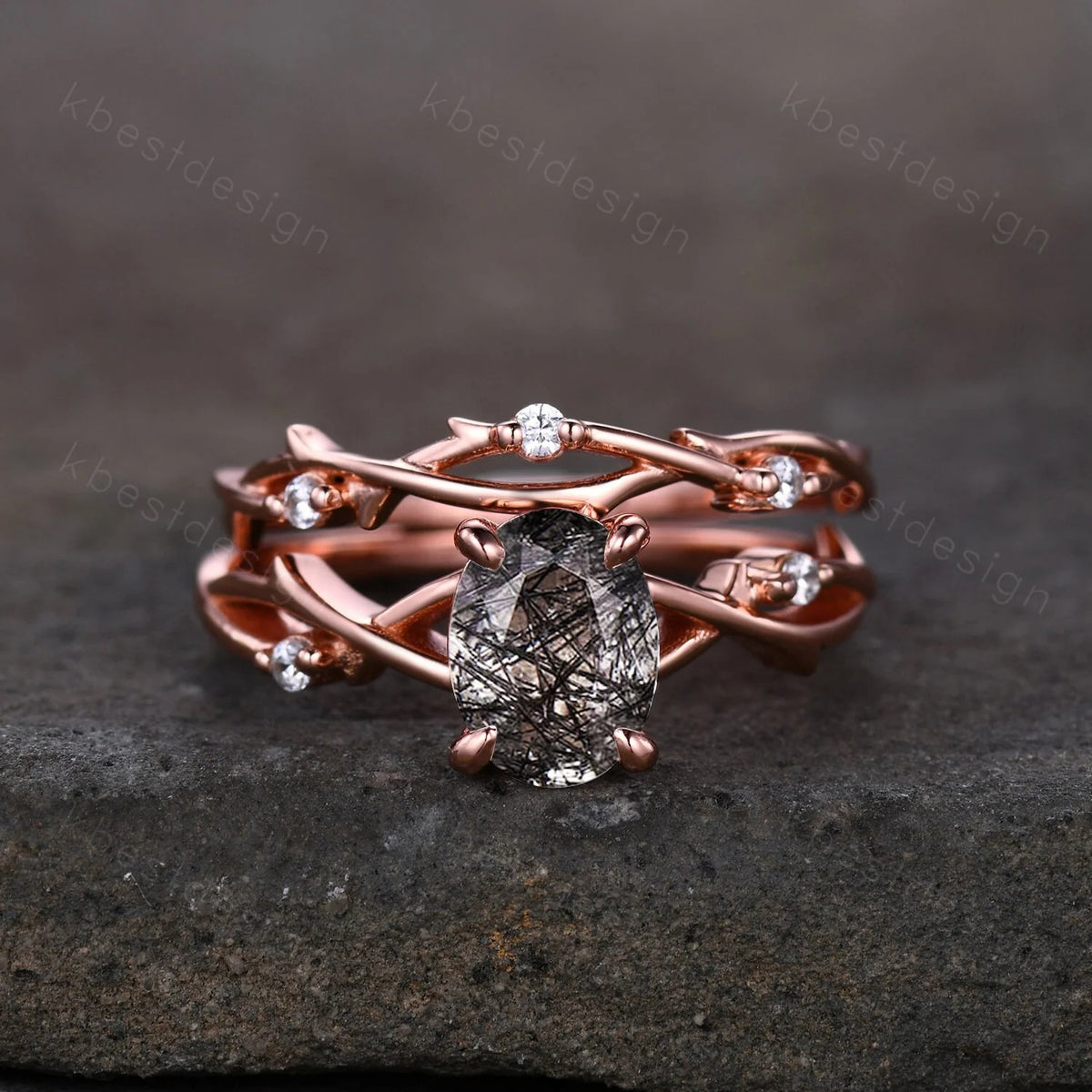 Vintage black rutilated quartz engagement ring 14k rose gold oval cut ring art deco twig leaf stacking band unique bridal wedding ring set