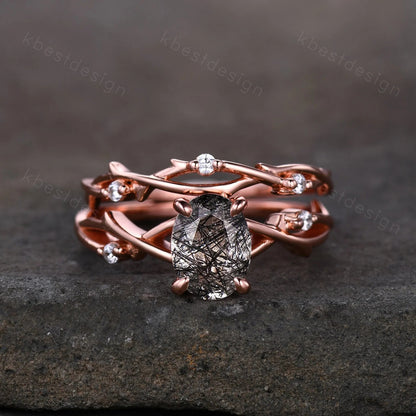 Vintage black rutilated quartz engagement ring 14k rose gold oval cut ring art deco twig leaf stacking band unique bridal wedding ring set