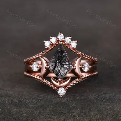 3PCS black rutilated quartz engagement ring set unique moon goddess ring art deco curved mopissanite stacking bridal promise wedding set