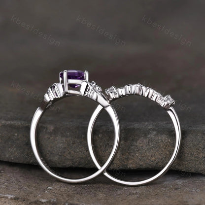 Antique Amethyst Engagement Ring Floral Hexagon cut Amethyst Bridal Set Unique Curved Moissanite Wedding Ring Anniversary Promise Gift