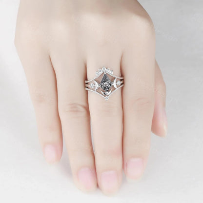 3PCS black rutilated quartz engagement ring set unique moon goddess ring art deco curved mopissanite stacking bridal promise wedding set