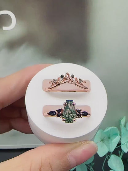 Vintage coffin moss agate engagement ring marquise blue sandstone wedding ring rose gold matching band promise ring unique Valentines gift