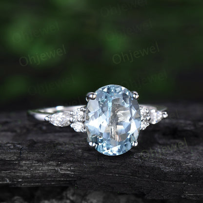 8x10mm oval cut Aquamarine engagement ring set solid 14k white gold art deco diamond ring vintage moon Celtic knot wedding ring set women