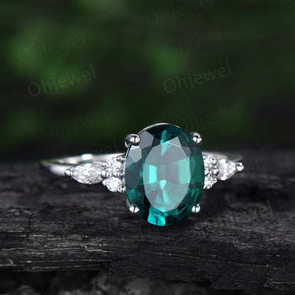 8x10mm oval cut Emerald engagement ring set solid 14k white gold Celtic knot diamond ring vintage fine jewelry stacking bridal set women