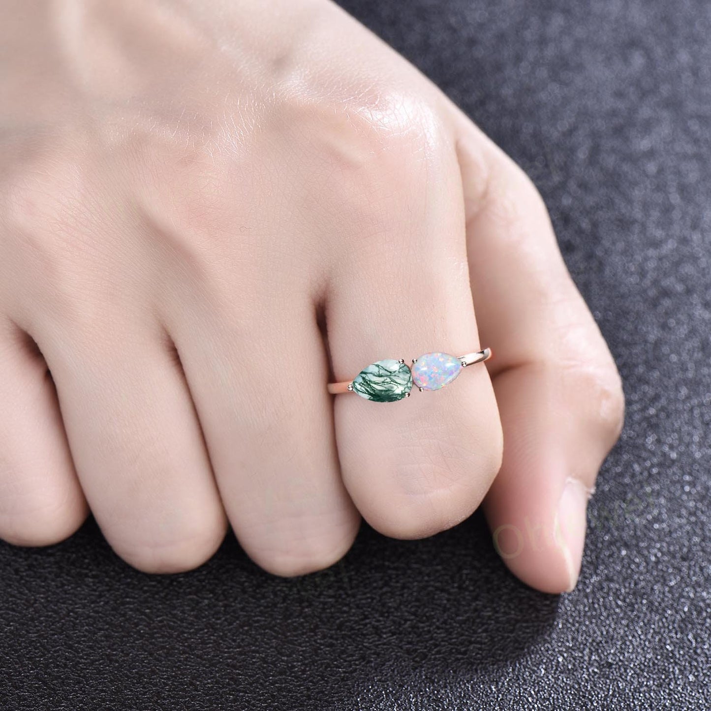 Dainty pear moss agate ring vintage alexandrite ring rose gold two stone ring unique east to west engagement ring women anniversary ring