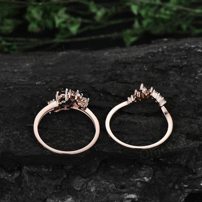 Hexagon cut Alexandrite ring rose gold unique cluster engagement ring set art deco moissanite ring women vintage bridal ring set jewelry