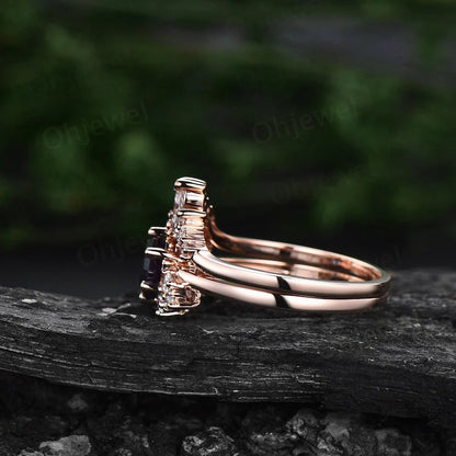 Hexagon cut Alexandrite ring rose gold unique cluster engagement ring set art deco moissanite ring women vintage bridal ring set jewelry