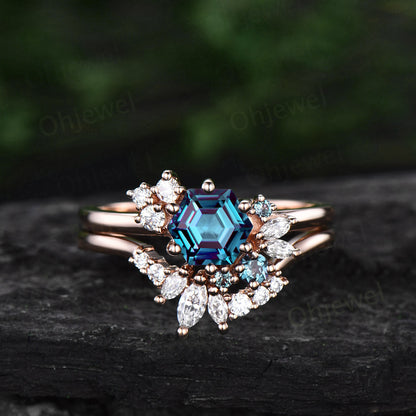 Hexagon cut Alexandrite ring rose gold unique cluster engagement ring set art deco moissanite ring women vintage bridal ring set jewelry