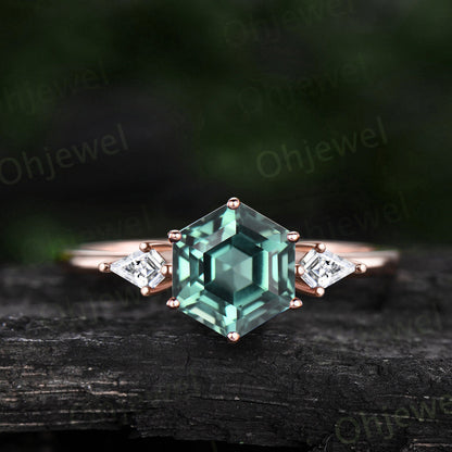 Hexagon cut green sapphire ring three stone kite cut emerald ring gold unique engagement ring women Minimalist 6 prong bridal wedding ring