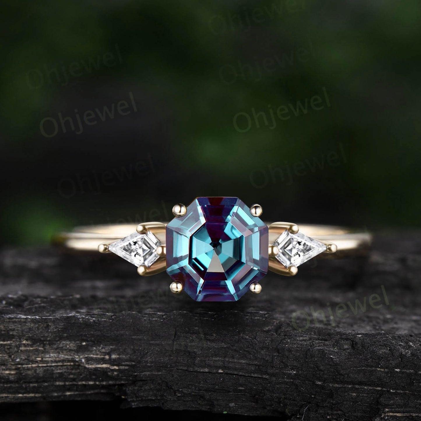 Octagon cut Alexandrite ring three stone rose gold ring kite cut Alexandrite ring dainty unique engagement ring anniversary ring for women
