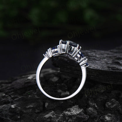 Round London blue topaz ring vintage pear sapphire ring five stone blue gemstone ring opal wedding band engagement ring women bridal set