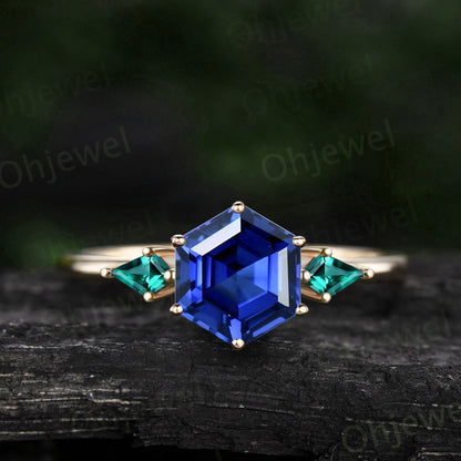 Vintage Hexagon sapphire engagement ring minimalist Three stone ring kite cut alexandrite ring gold women September birthstone bridal ring