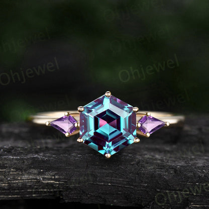 Vintage emerald Alexandrite engagement ring Hexagon cut ring three stone Minimalist ring kite cut emerald ring women dainty promise ring