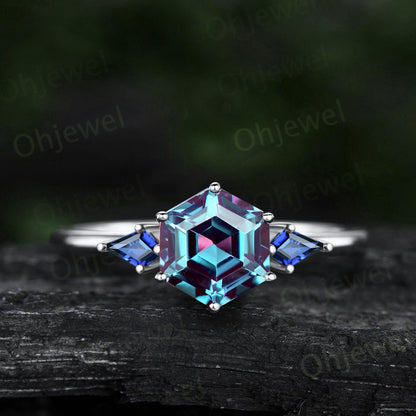 Vintage emerald Alexandrite engagement ring Hexagon cut ring three stone Minimalist ring kite cut emerald ring women dainty promise ring