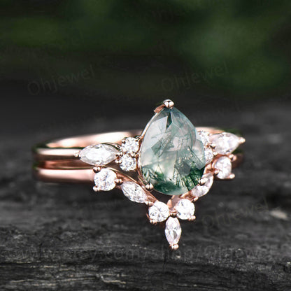 Pear shaped moss agate engagement ring set vintage moss agate ring set marquise moissanite ring set green moss ring 7 stone ring bridal set