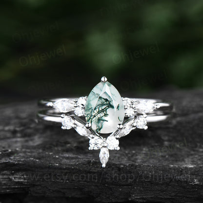 Pear shaped moss agate engagement ring set vintage moss agate ring set marquise moissanite ring set green moss ring 7 stone ring bridal set