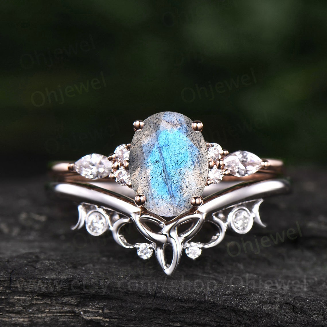 Blue labradorite ring gold sterling silver oval Labradorite engagement ring set art deco vintage marquise moissanite bridal promise ring set