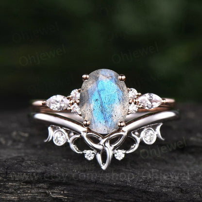 Blue labradorite ring gold sterling silver oval Labradorite engagement ring set art deco vintage marquise moissanite bridal promise ring set