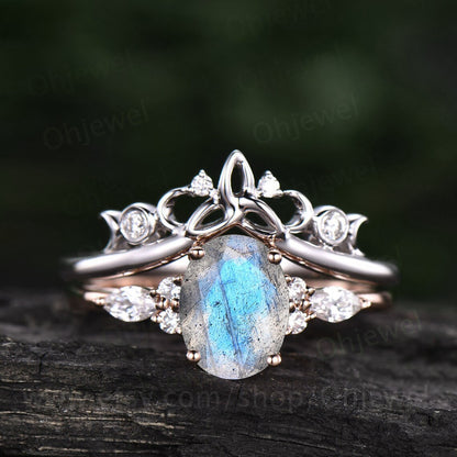 Blue labradorite ring gold sterling silver oval Labradorite engagement ring set art deco vintage marquise moissanite bridal promise ring set