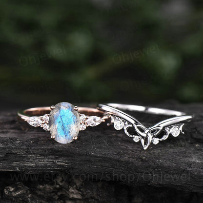 Blue labradorite ring gold sterling silver oval Labradorite engagement ring set art deco vintage marquise moissanite bridal promise ring set