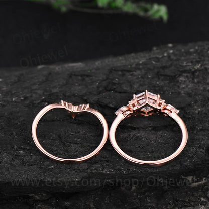 Hexagon moissanite engagement ring set art deco rose gold silver unique vintage engagement ring marquise moissanite ring wedding ring set