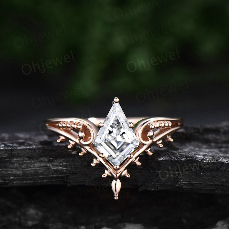 Vintage style kite cut moissanite engagement ring 14k yellow gold unique split shank Solitaire engagement ring for women promise ring her