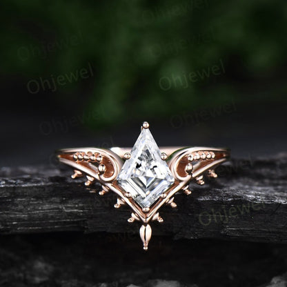 Vintage style kite cut moissanite engagement ring 14k yellow gold unique split shank Solitaire engagement ring for women promise ring her