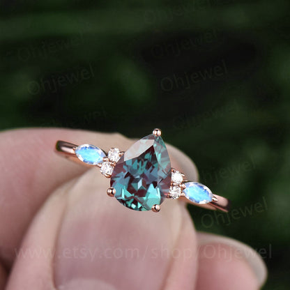 Vintage pear Alexandrite moonstone engagement ring solid 14k rose gold cluster moissanite ring unique promise wedding bridal ring set women