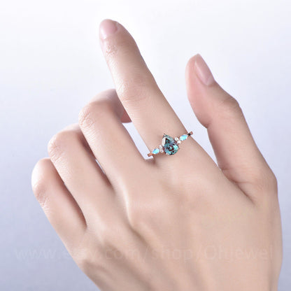 Vintage pear Alexandrite moonstone engagement ring solid 14k rose gold cluster moissanite ring unique promise wedding bridal ring set women