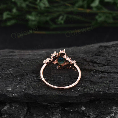 Vintage round black rutilated quartz engagement ring women art deco leaf rose gold nature inspired moissanite wedding anniversary ring gift