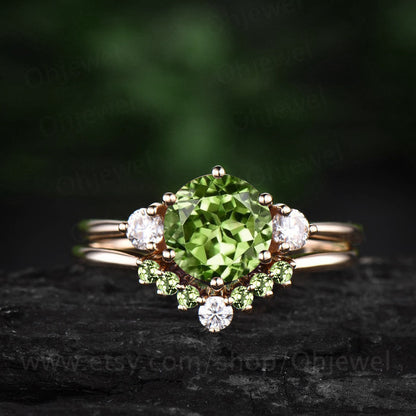 Round cut peridot ring three stone peridot engagement ring set solid 14k rose gold Minimalist moissanite ring for women wedding bridal set