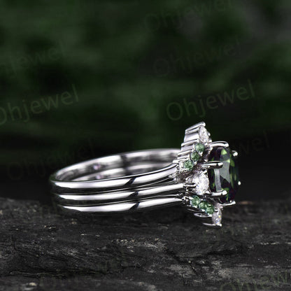 Round cut peridot ring three stone peridot engagement ring set solid 14k rose gold Minimalist moissanite ring for women wedding bridal set