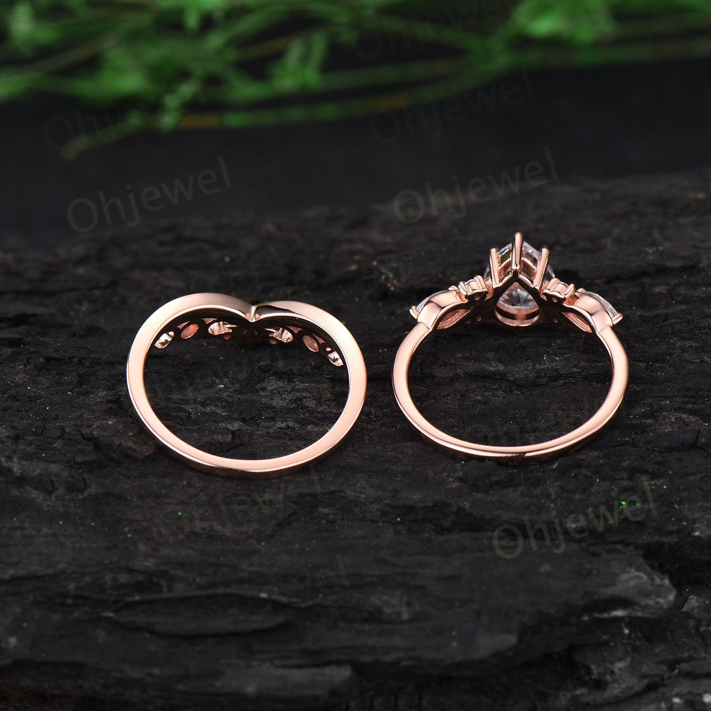 Pear shaped green moss agate ring vintage unique engagement ring art deco rose gold leaf moon opal ring women twisted promise ring set gift
