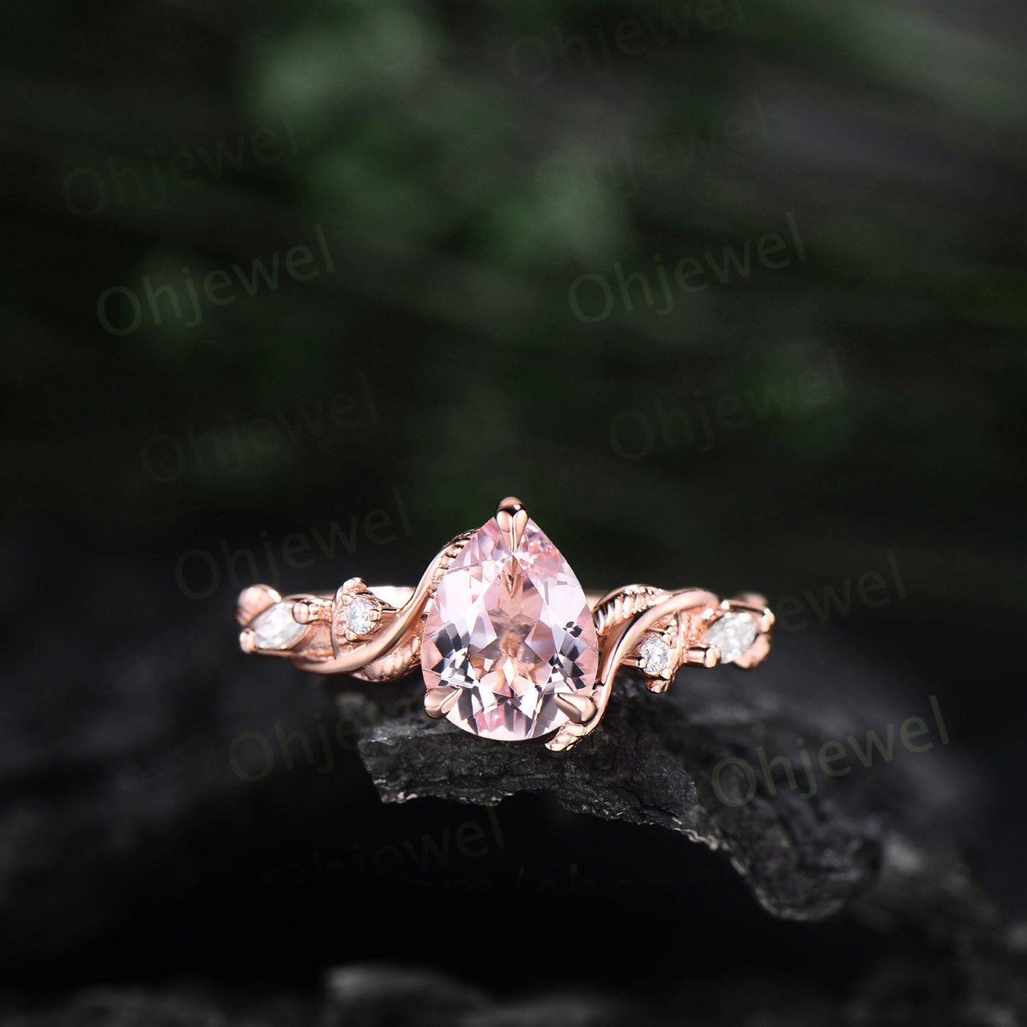 Unique pear shaped pink morganite engagement ring set solid 14k rose gold Twig branch leaf nature inspired diamond anniversary ring women