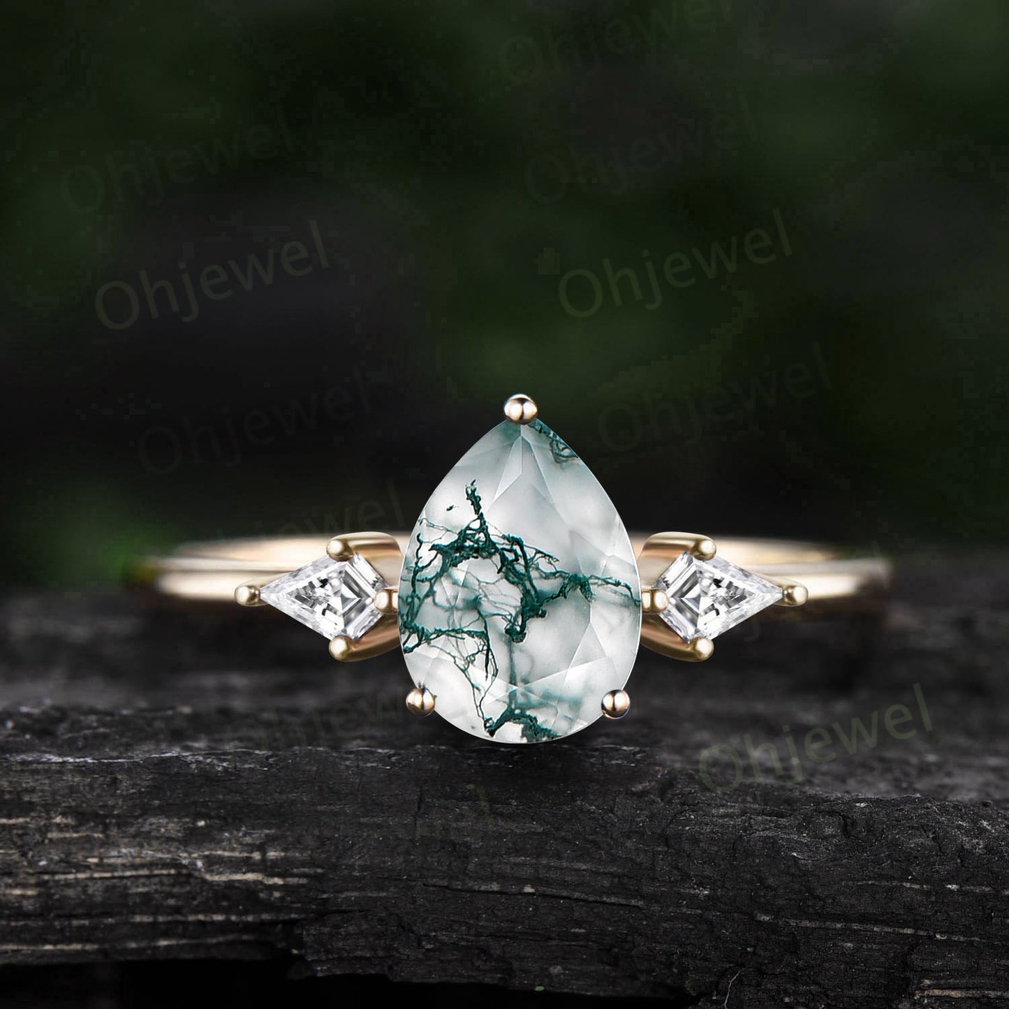 Pear shaped green moss agate ring three stone 14k rose gold ring kite cut Alexandrite ring dainty unique engagement ring women promise ring