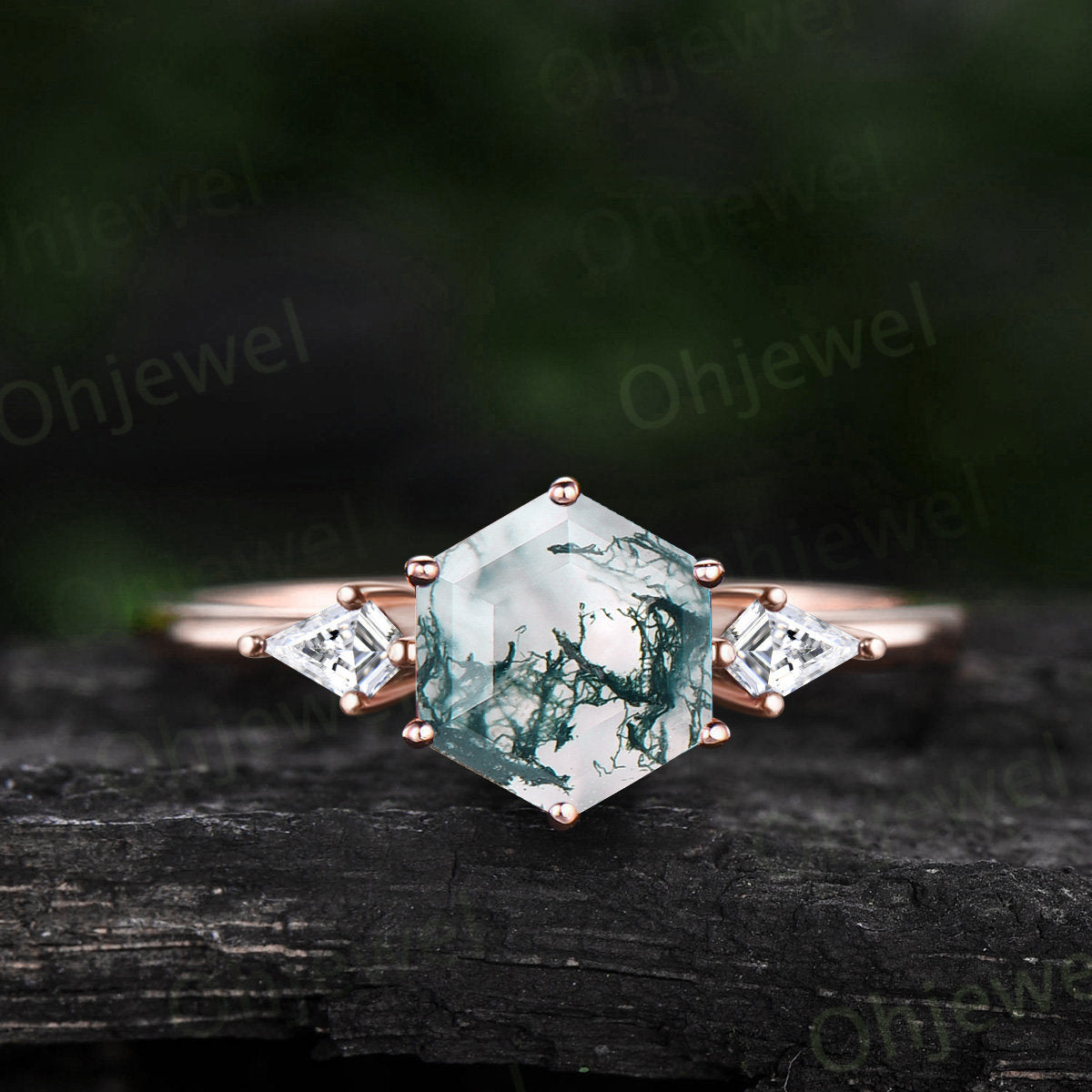 7mm Hexagon cut green moss agate ring rose gold vintage kite cut alexandrite ring dainty unique engagement ring promise bridal ring women