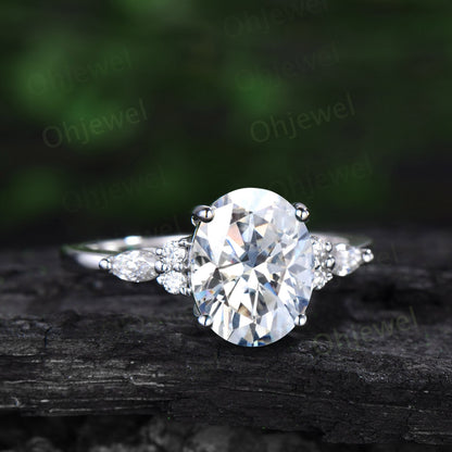 4ct oval cut moissanite engagement ring set solid 14k white gold art deco diamond ring vintage moon Celtic knot wedding ring set for women