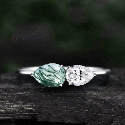 Vintage pear shaped moss agate opal engagement ring rose gold east to west ring dainty Minimalist two stone ring women bridal promise ring